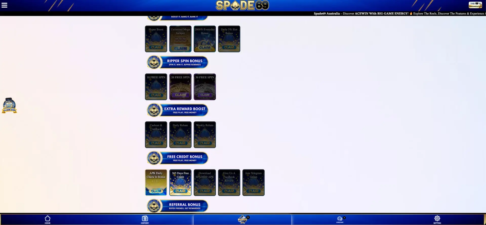Spade69 bonus claims and rewards
