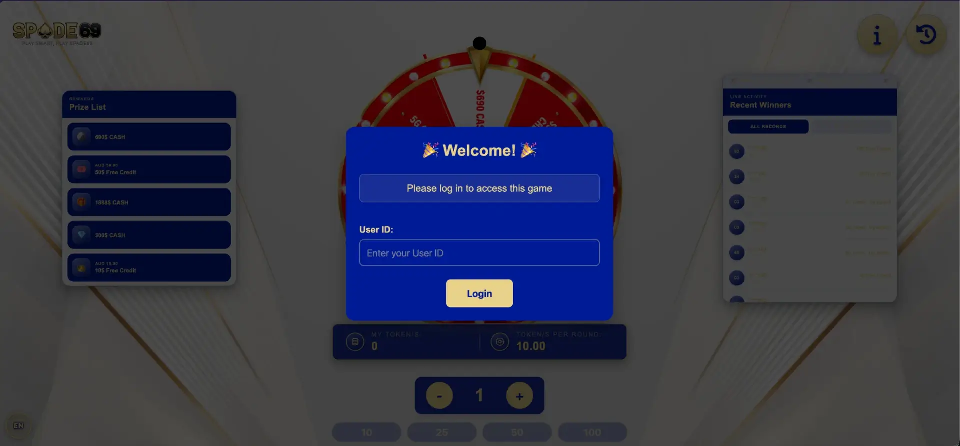 Spade69 prize wheel login popup