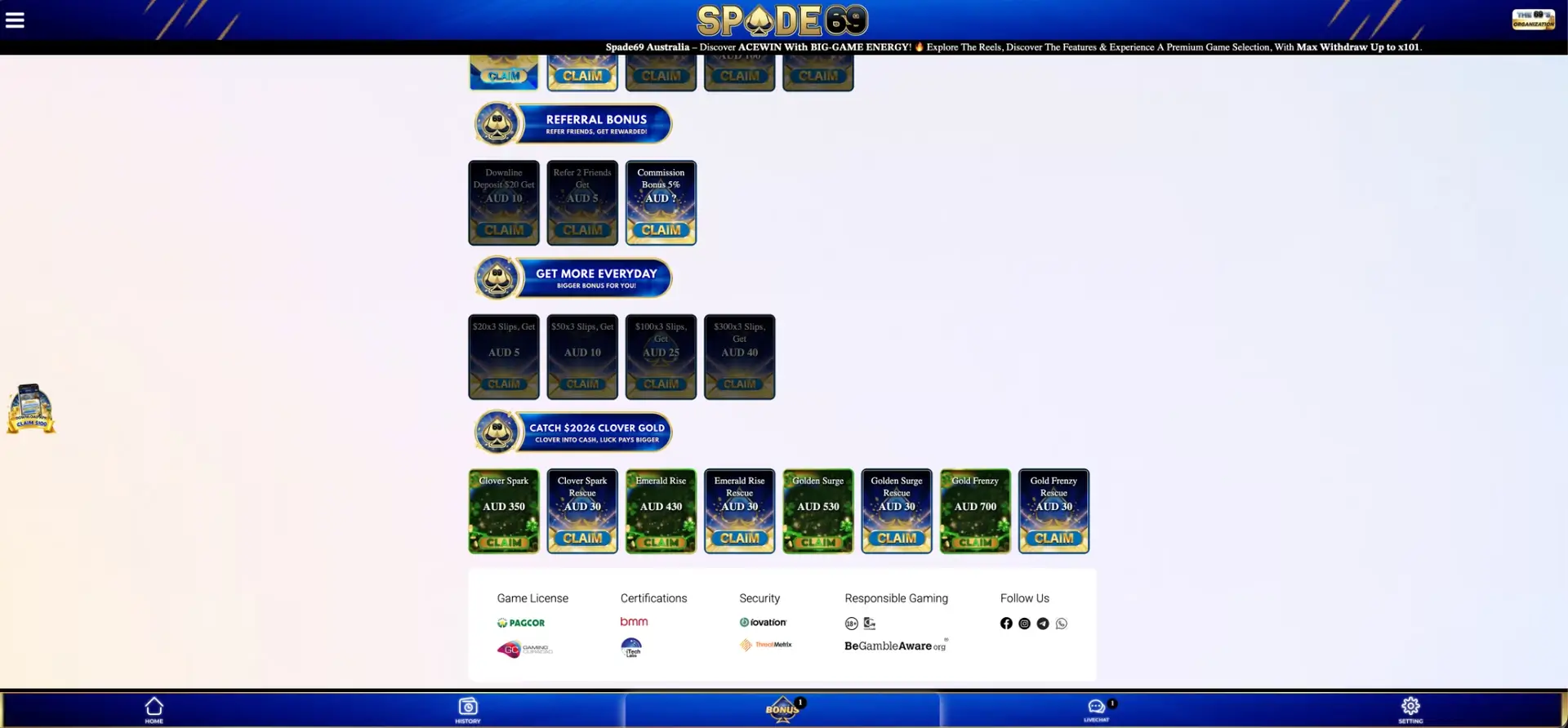 Spade69 referral bonus and Clover Gold promotion