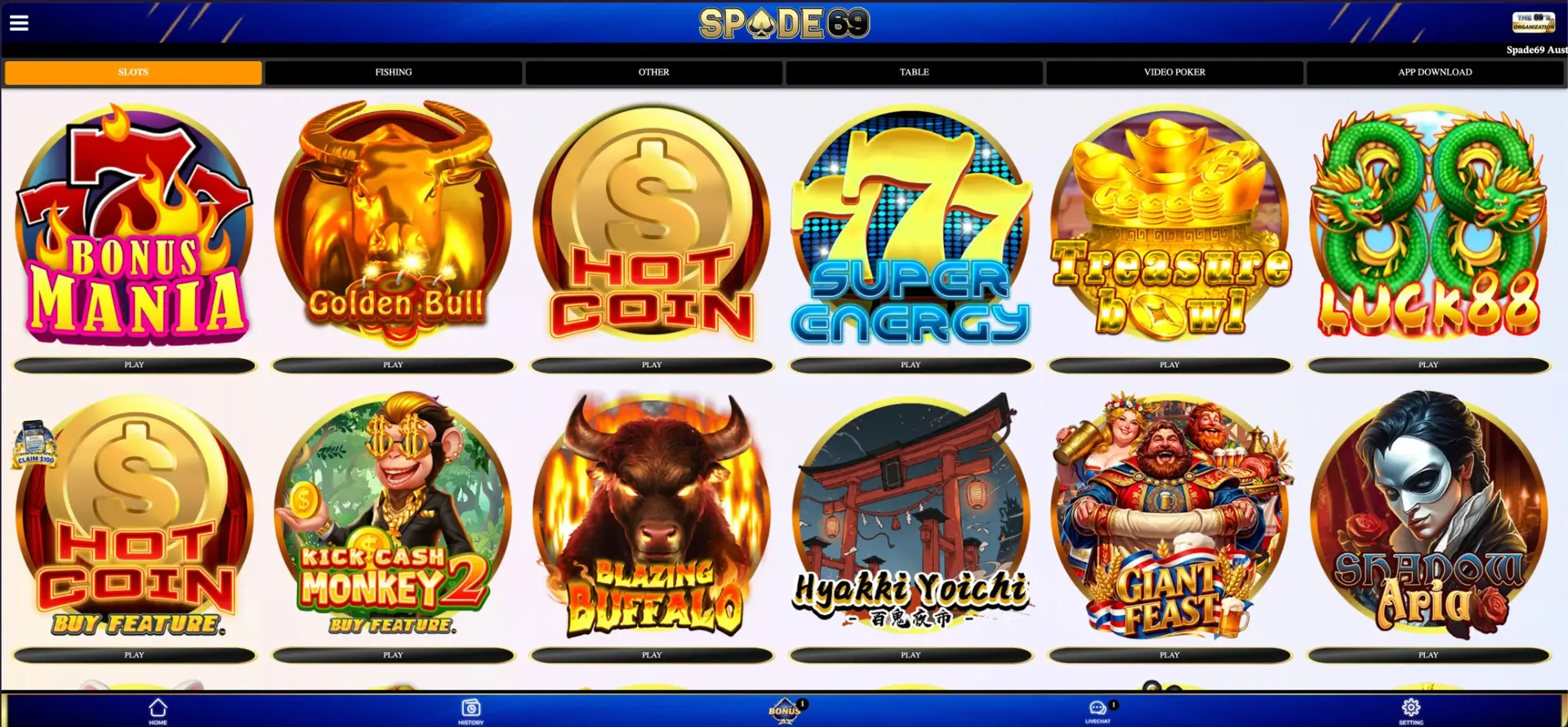 Spade69 slot games and pokies lobby